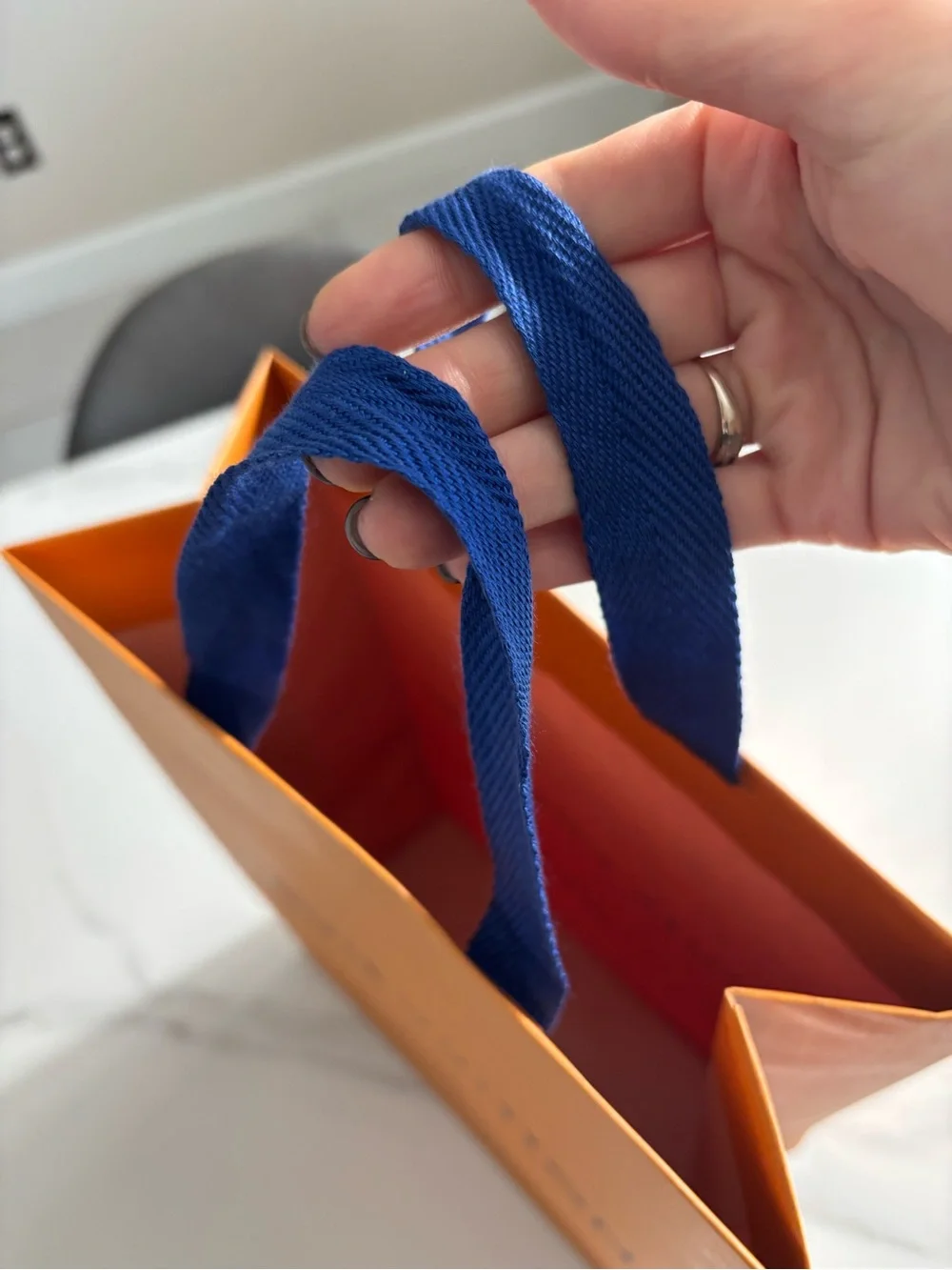 Louis Vuitton Orange Paper Shopping Bag with Blue Rope Handles 10x14 inch